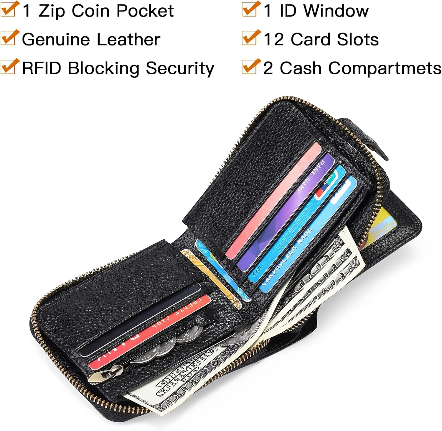 GOIACII Zipper Wallet for Men Genuine Leather RFID Blocking Mens Wallet with Zipper Coin Pocket ID Window Zipper Wallets Large Capacity