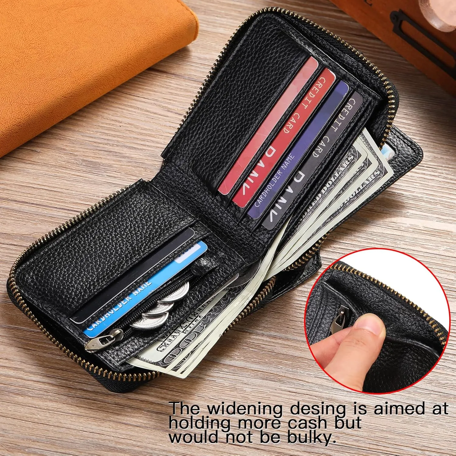 GOIACII Zipper Wallet for Men Genuine Leather RFID Blocking Mens Wallet with Zipper Coin Pocket ID Window Zipper Wallets Large Capacity