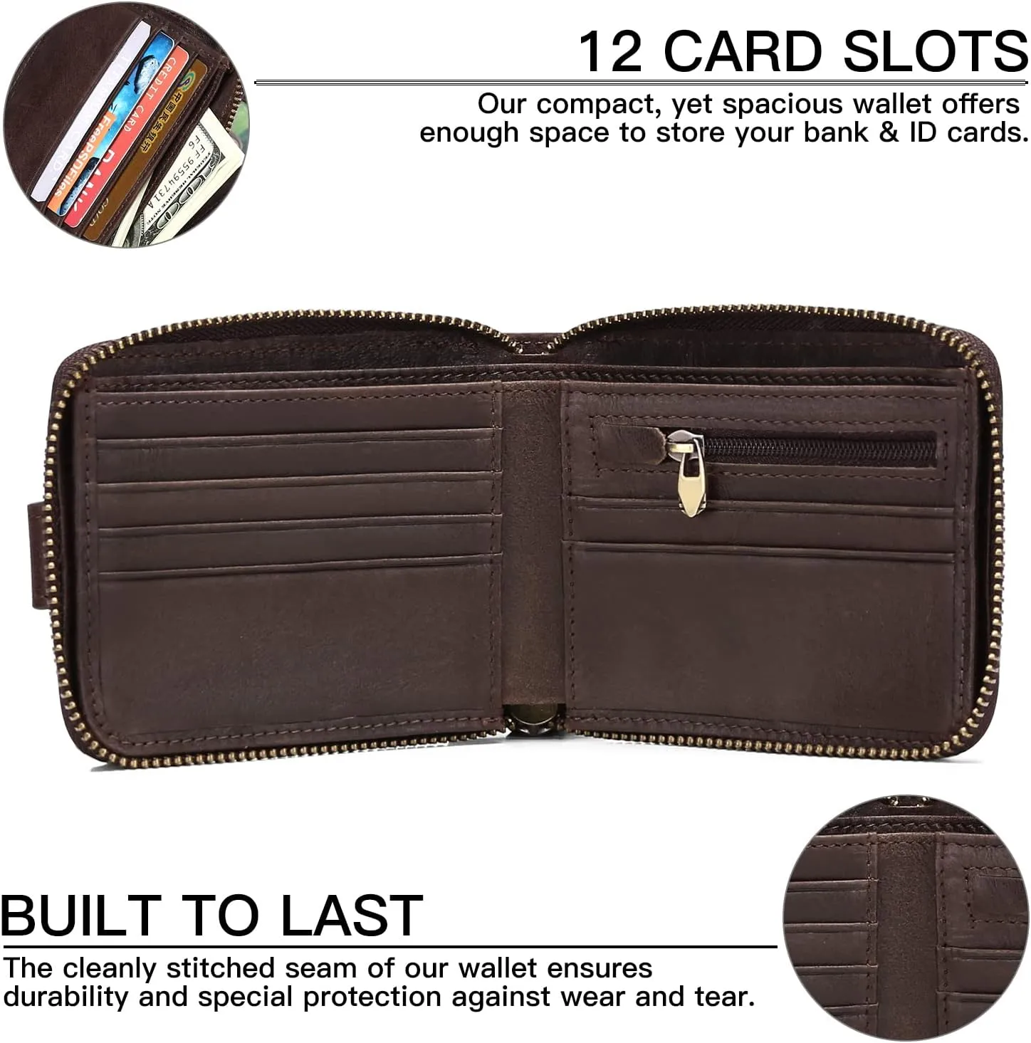 GOIACII Zipper Wallet for Men Genuine Leather RFID Blocking Mens Wallet with Zipper Coin Pocket ID Window Zipper Wallets Large Capacity