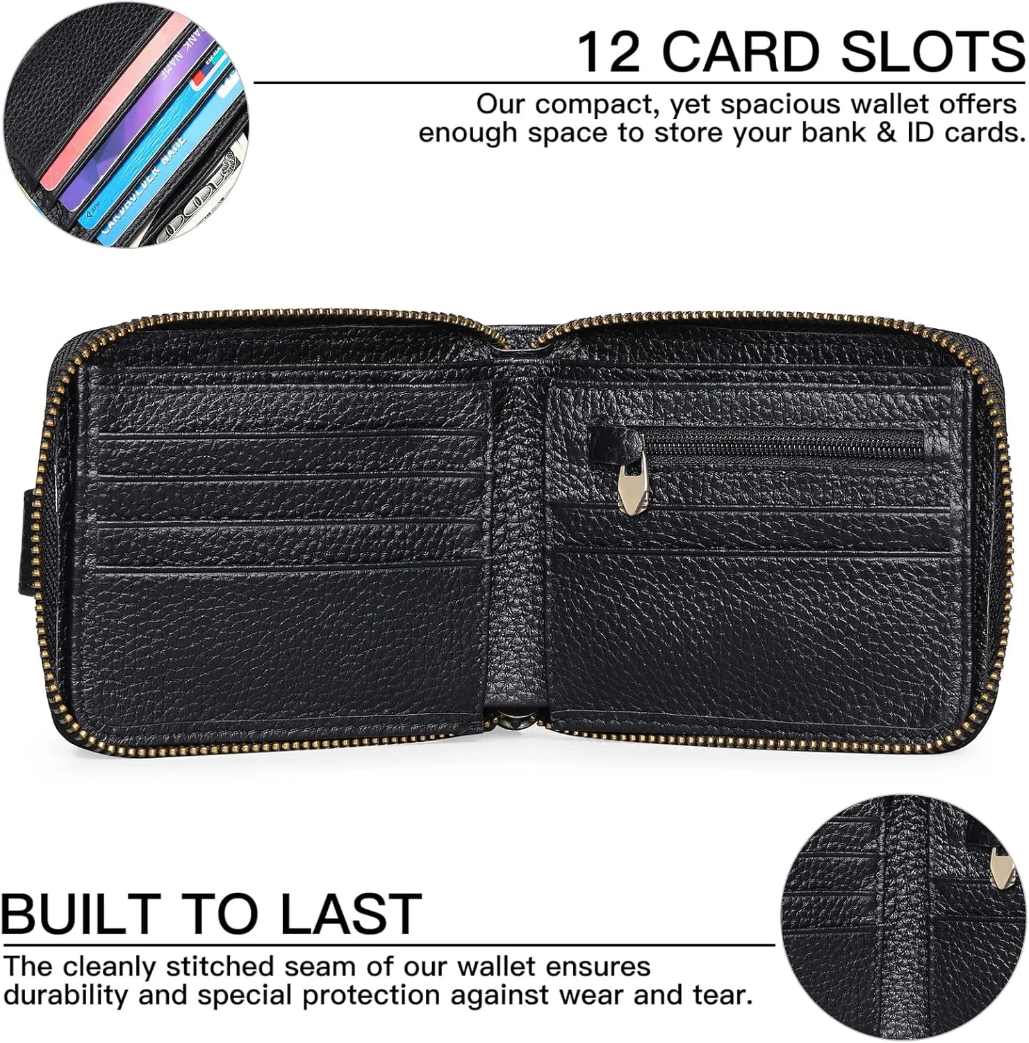 GOIACII Zipper Wallet for Men Genuine Leather RFID Blocking Mens Wallet with Zipper Coin Pocket ID Window Zipper Wallets Large Capacity