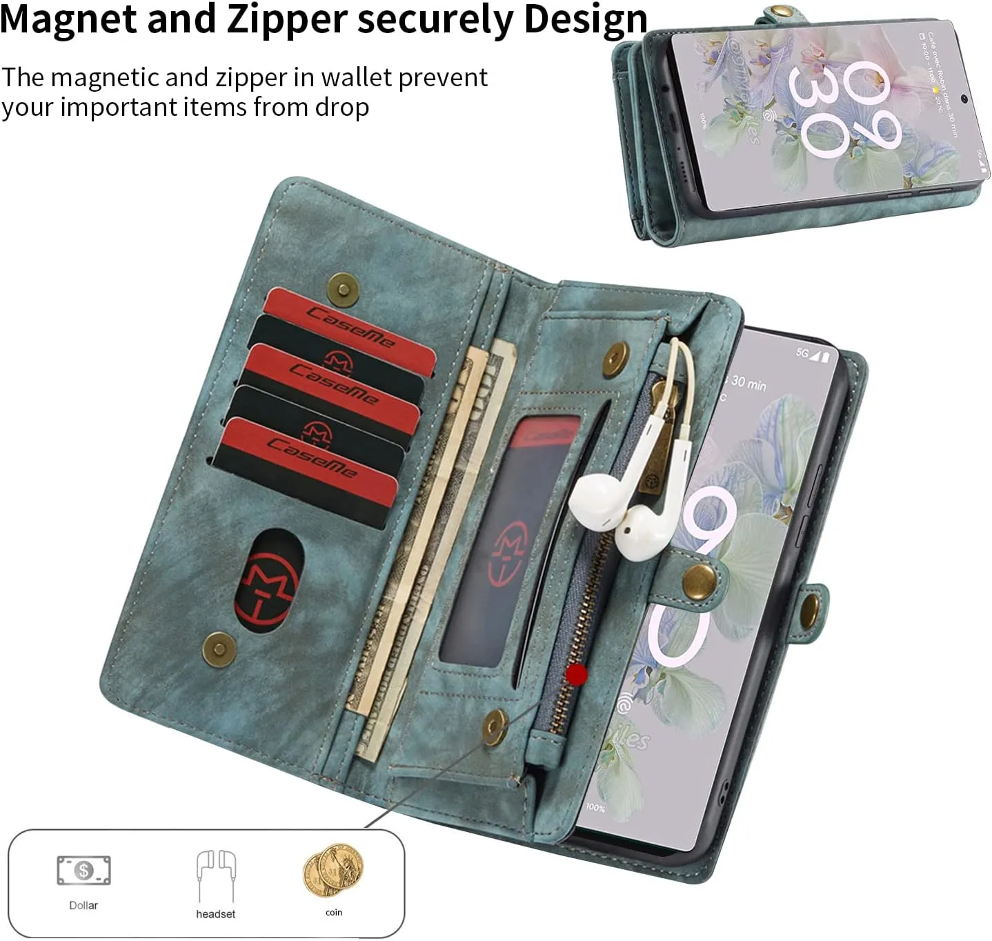 Google Pixel 9 Pro XL Leather Detachable Wallet Zipper Case with 11 Card Slots Holder Magnetic Case for Pixel 9 Pro XL Flip Wallet Handle Wrist Strap Man Woman Pocket Handbag (Blue)