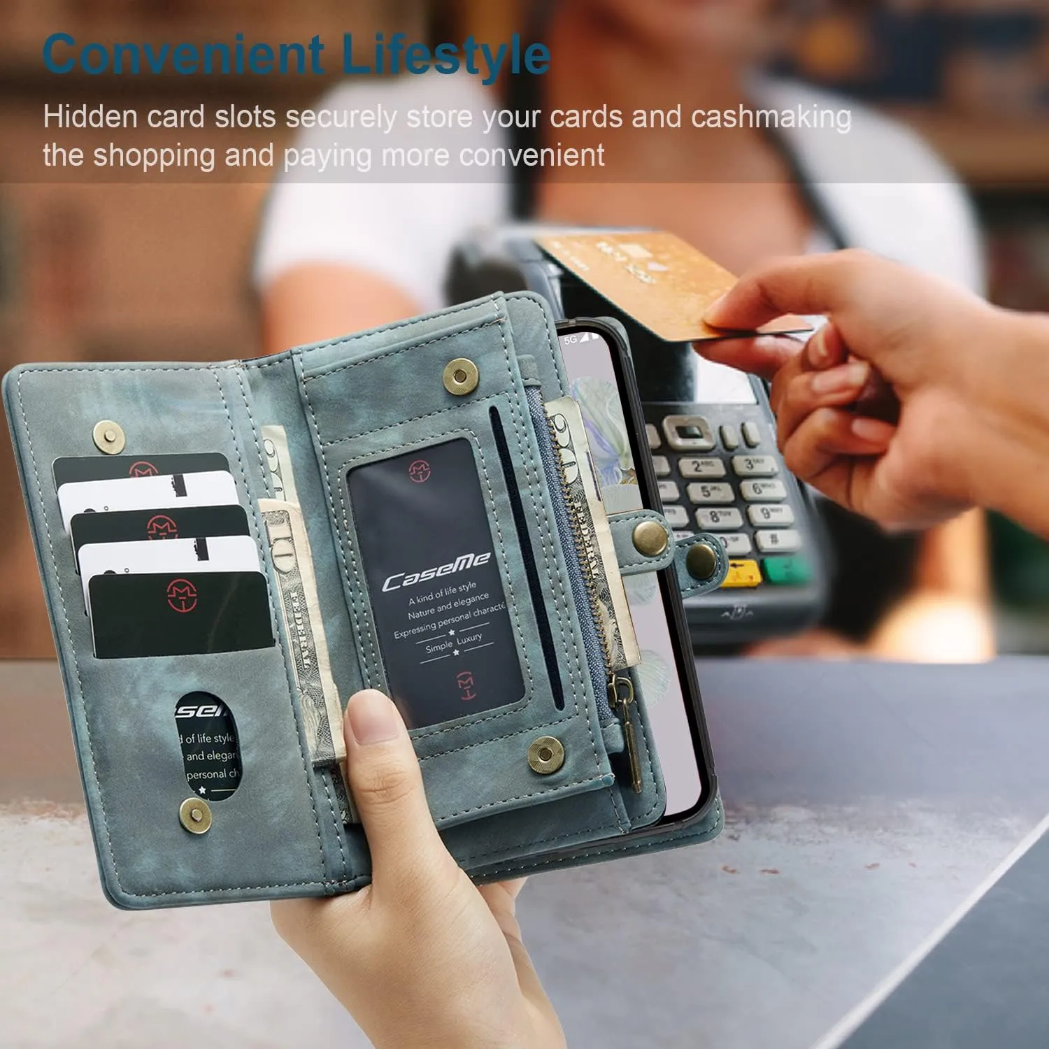 Google Pixel 9 Pro XL Leather Detachable Wallet Zipper Case with 11 Card Slots Holder Magnetic Case for Pixel 9 Pro XL Flip Wallet Handle Wrist Strap Man Woman Pocket Handbag (Blue)