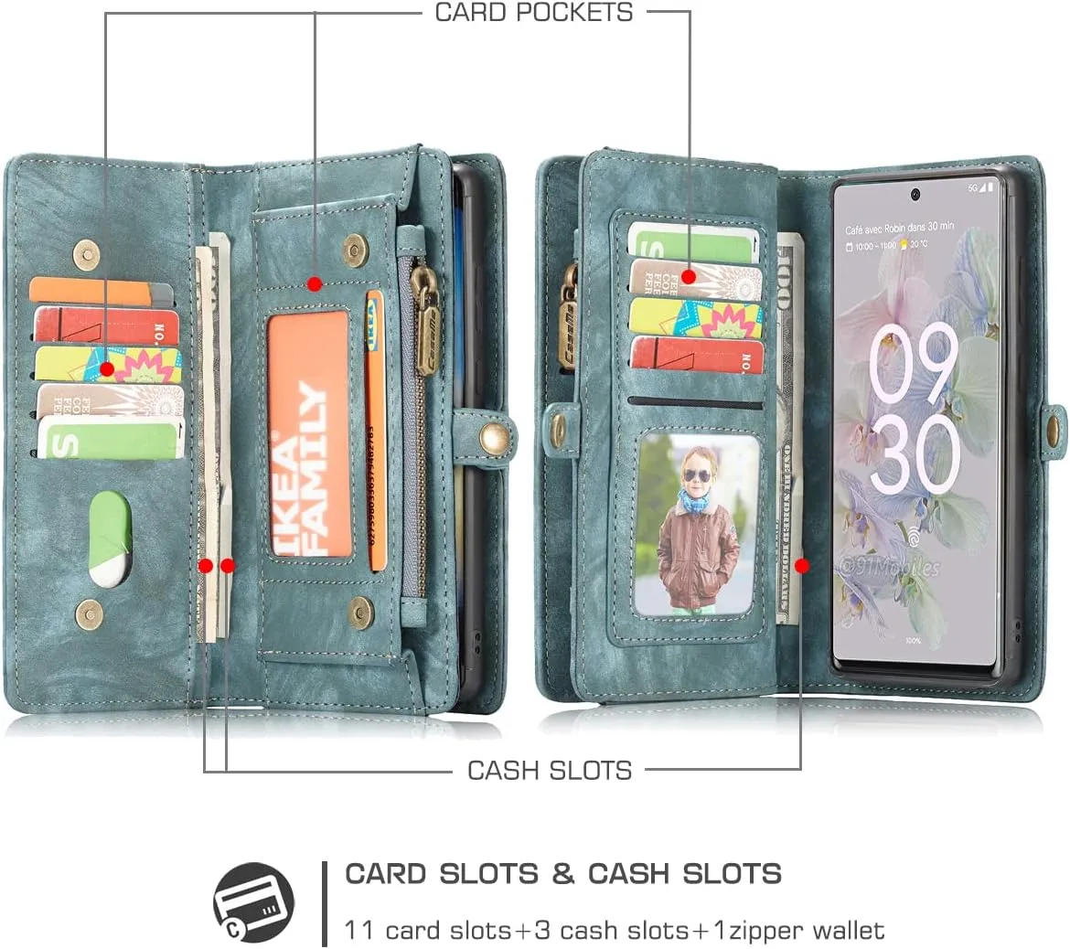 Google Pixel 9 Pro XL Leather Detachable Wallet Zipper Case with 11 Card Slots Holder Magnetic Case for Pixel 9 Pro XL Flip Wallet Handle Wrist Strap Man Woman Pocket Handbag (Blue)