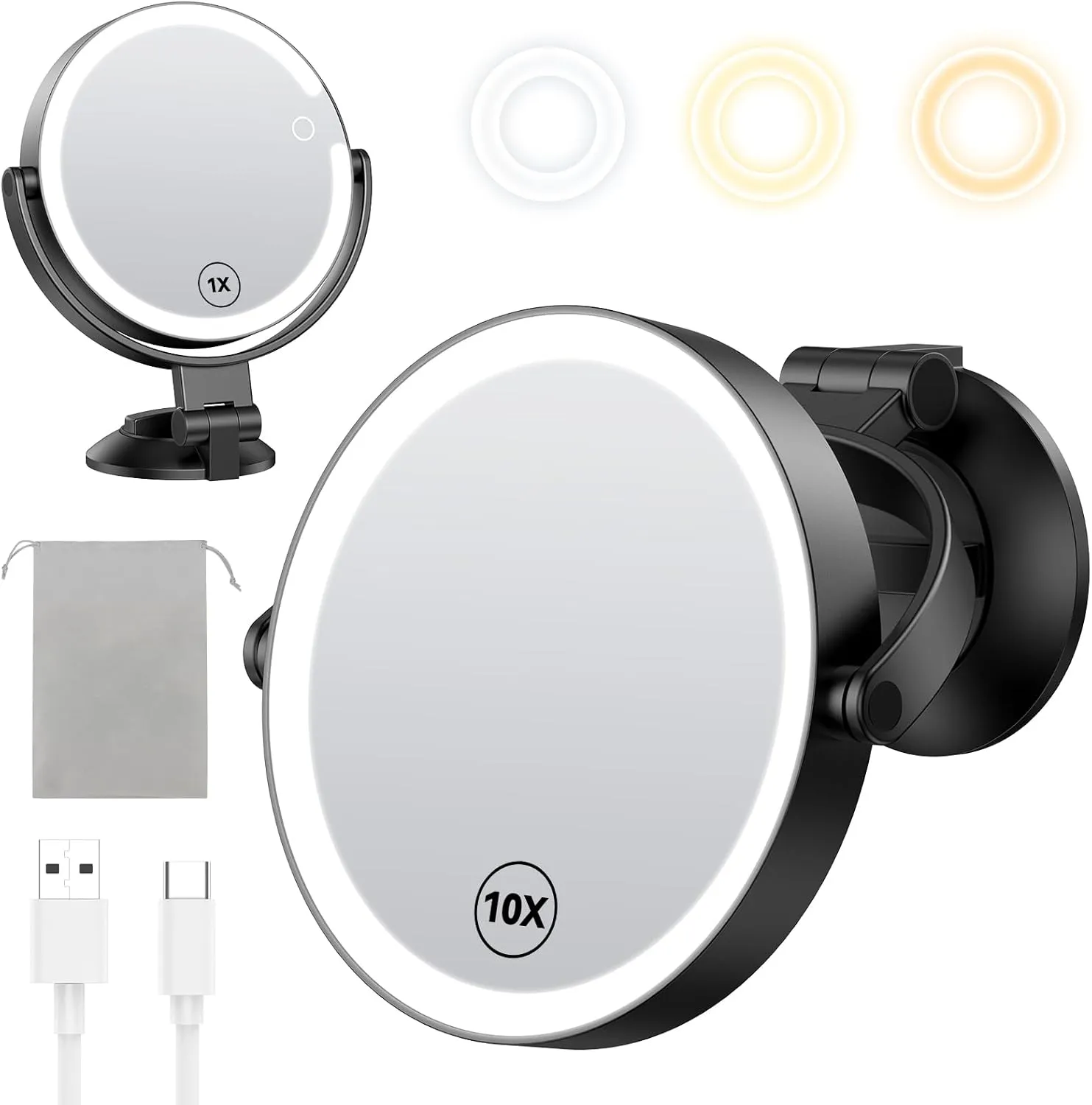 Gospire 7” Wall Mounted Makeup Mirror with Powerful Suction Cup, Double Sided 1X/10X Magnification, 3 Color Lights and Adjustable Brightness, 2000mAh Rechargeable Battery, Shaving for Men - Black