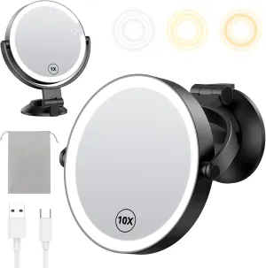 Gospire 7” Wall Mounted Makeup Mirror with Powerful Suction Cup, Double Sided 1X/10X Magnification, 3 Color Lights and Adjustable Brightness, 2000mAh Rechargeable Battery, Shaving for Men - Black