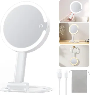 Gospire Magnifying Travel Makeup Mirror with Light 10X 1X Magnifition 2-Sided Lighted Vanity Mirror Rechargeable 3 in 1 Hand Held Desk Hanging, 3 Color Dimmable Lights, White