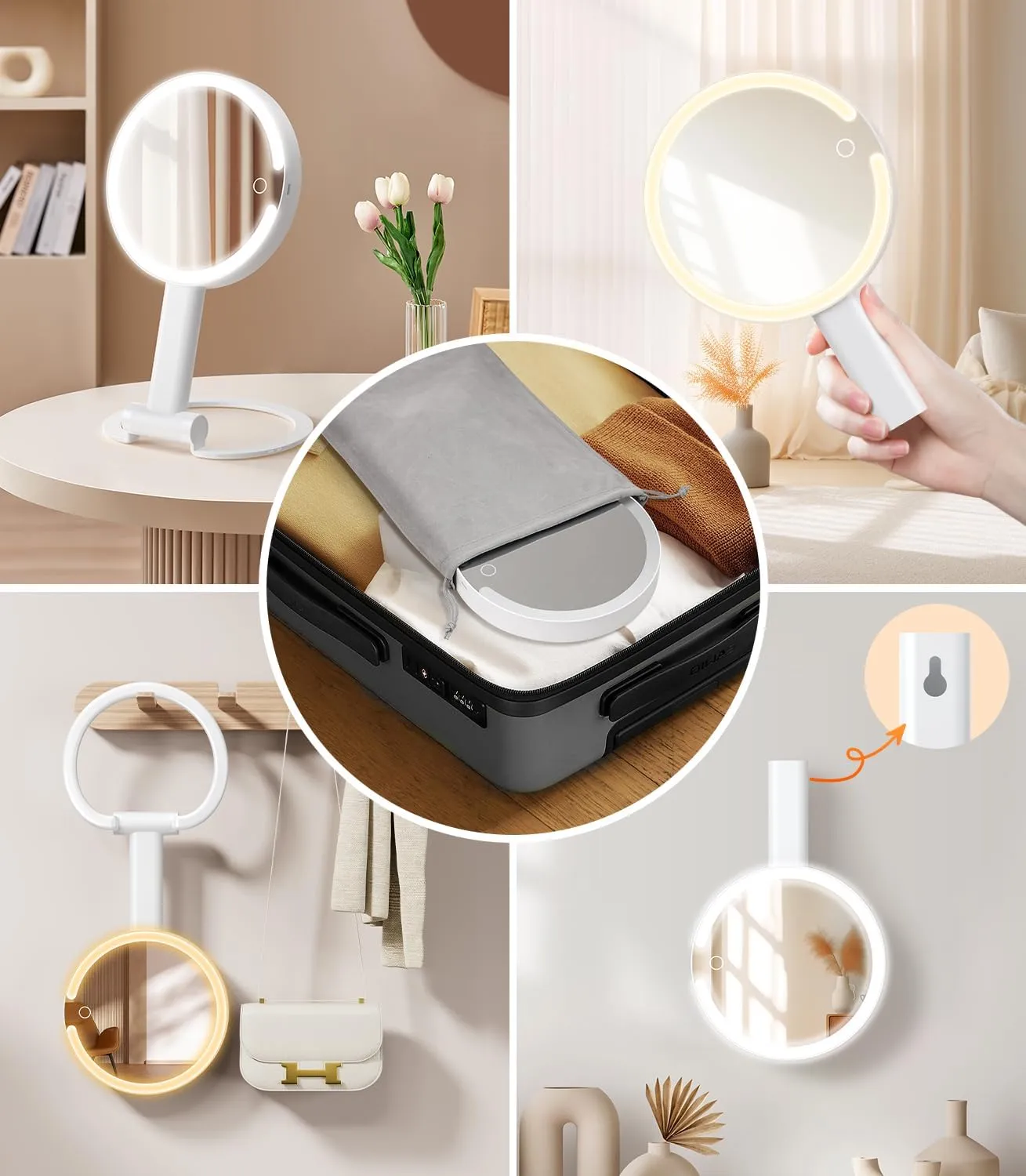 Gospire Magnifying Travel Makeup Mirror with Light 10X 1X Magnifition 2-Sided Lighted Vanity Mirror Rechargeable 3 in 1 Hand Held Desk Hanging, 3 Color Dimmable Lights, White