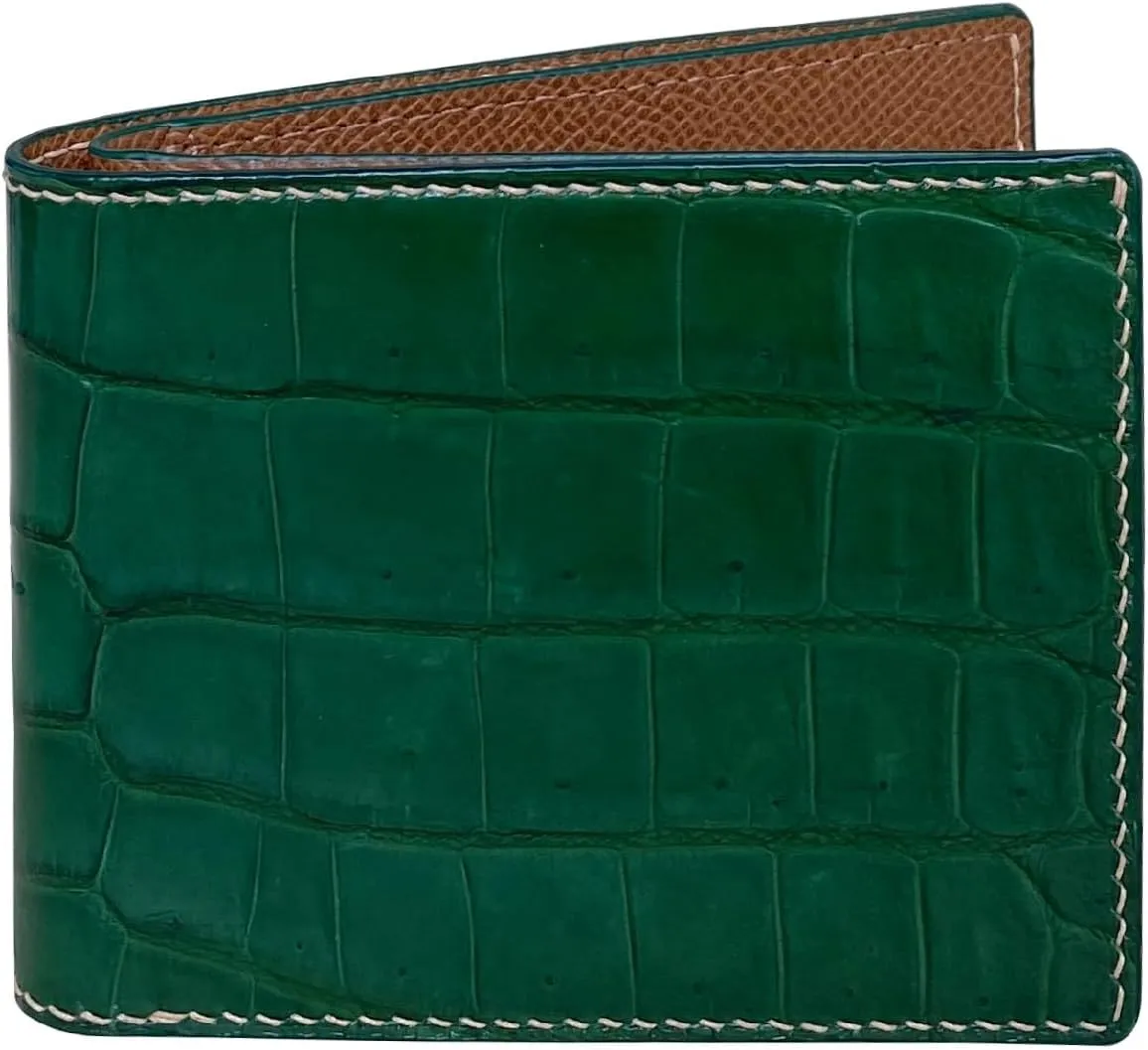 Green Leather Slim AIIigator Bifold Wallet Gift Men Hand Stitching Luxury Large Capacity Credit Card Holder Premium Security Wallet RFID Blocking Anti AIIigator Theft Handmade By Vietnamese VINAM-87