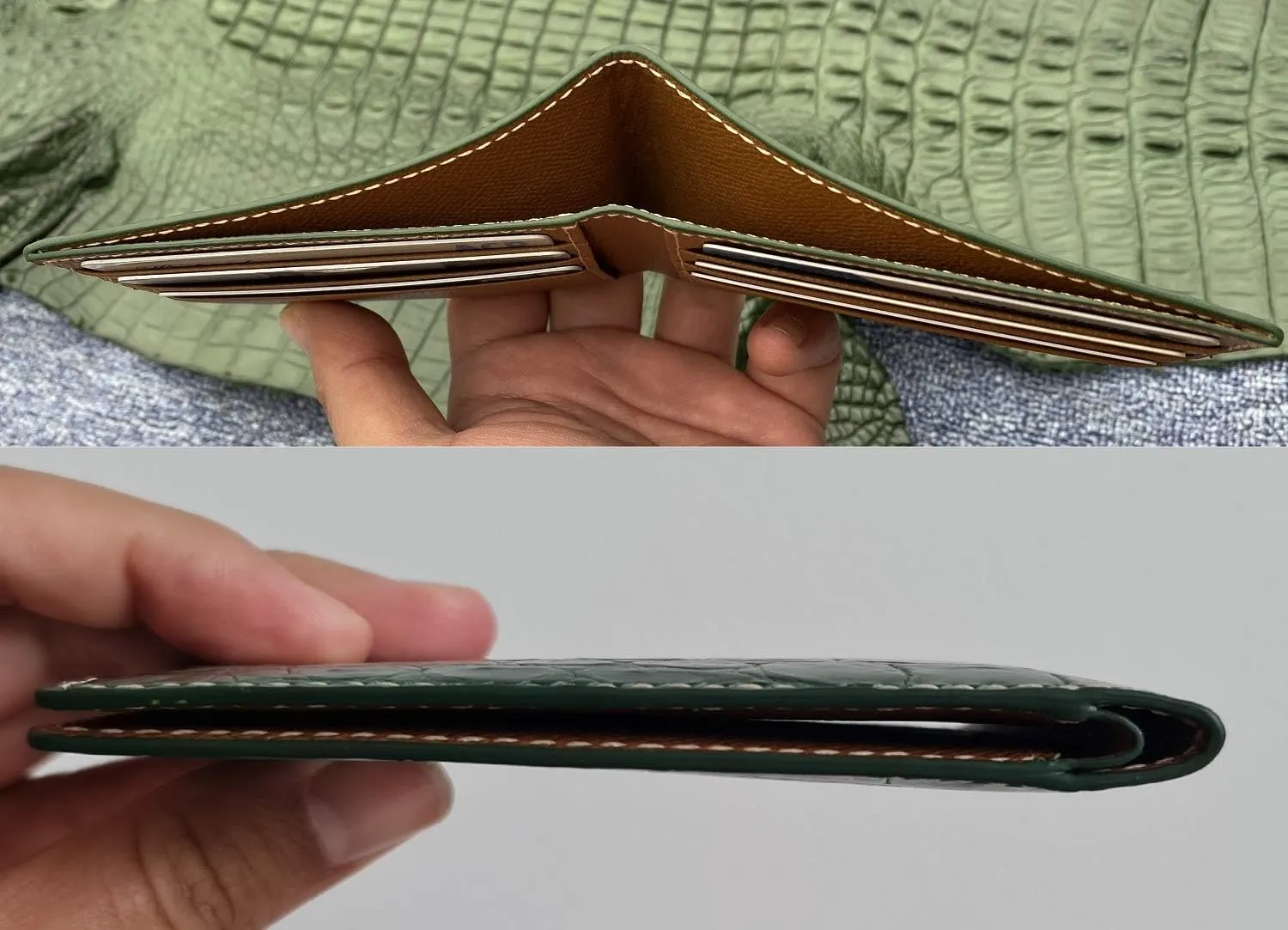 Green Leather Slim AIIigator Bifold Wallet Gift Men Hand Stitching Luxury Large Capacity Credit Card Holder Premium Security Wallet RFID Blocking Anti AIIigator Theft Handmade By Vietnamese VINAM-87