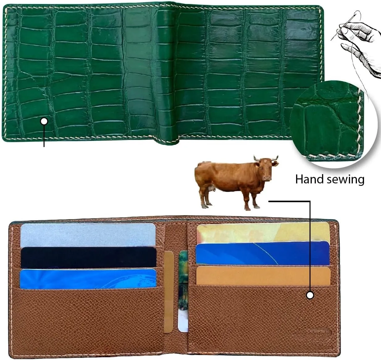 Green Leather Slim AIIigator Bifold Wallet Gift Men Hand Stitching Luxury Large Capacity Credit Card Holder Premium Security Wallet RFID Blocking Anti AIIigator Theft Handmade By Vietnamese VINAM-87