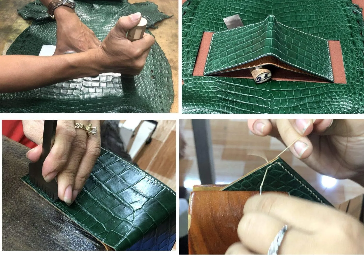 Green Leather Slim AIIigator Bifold Wallet Gift Men Hand Stitching Luxury Large Capacity Credit Card Holder Premium Security Wallet RFID Blocking Anti AIIigator Theft Handmade By Vietnamese VINAM-87