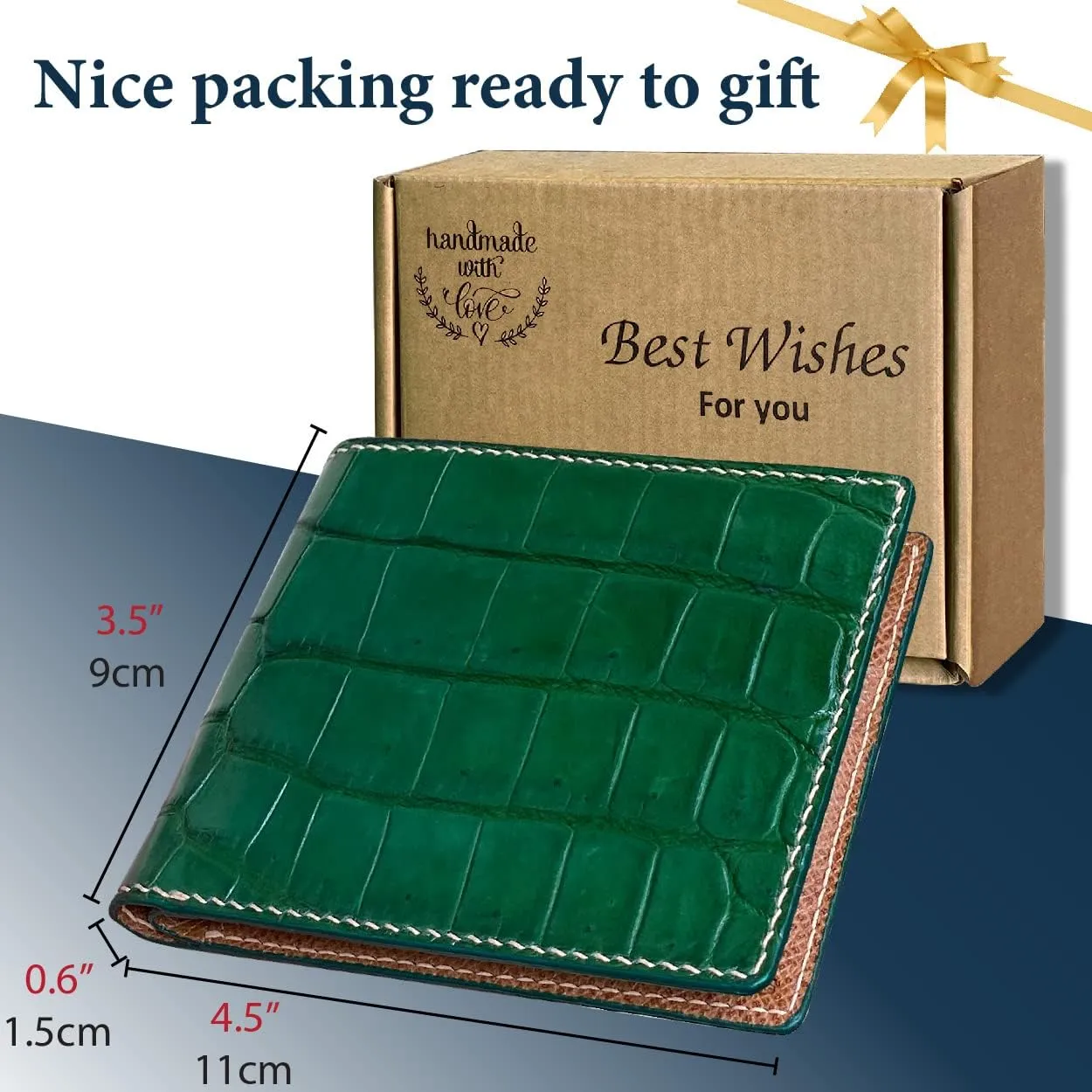 Green Leather Slim AIIigator Bifold Wallet Gift Men Hand Stitching Luxury Large Capacity Credit Card Holder Premium Security Wallet RFID Blocking Anti AIIigator Theft Handmade By Vietnamese VINAM-87