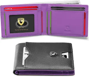 GSOIAX Mens Slim Wallet for Men Minimalist Genuine Leather Carbon Fiber Rfid Blocking Bifold Credit Card Holder With Gift Box (Black and Purple)