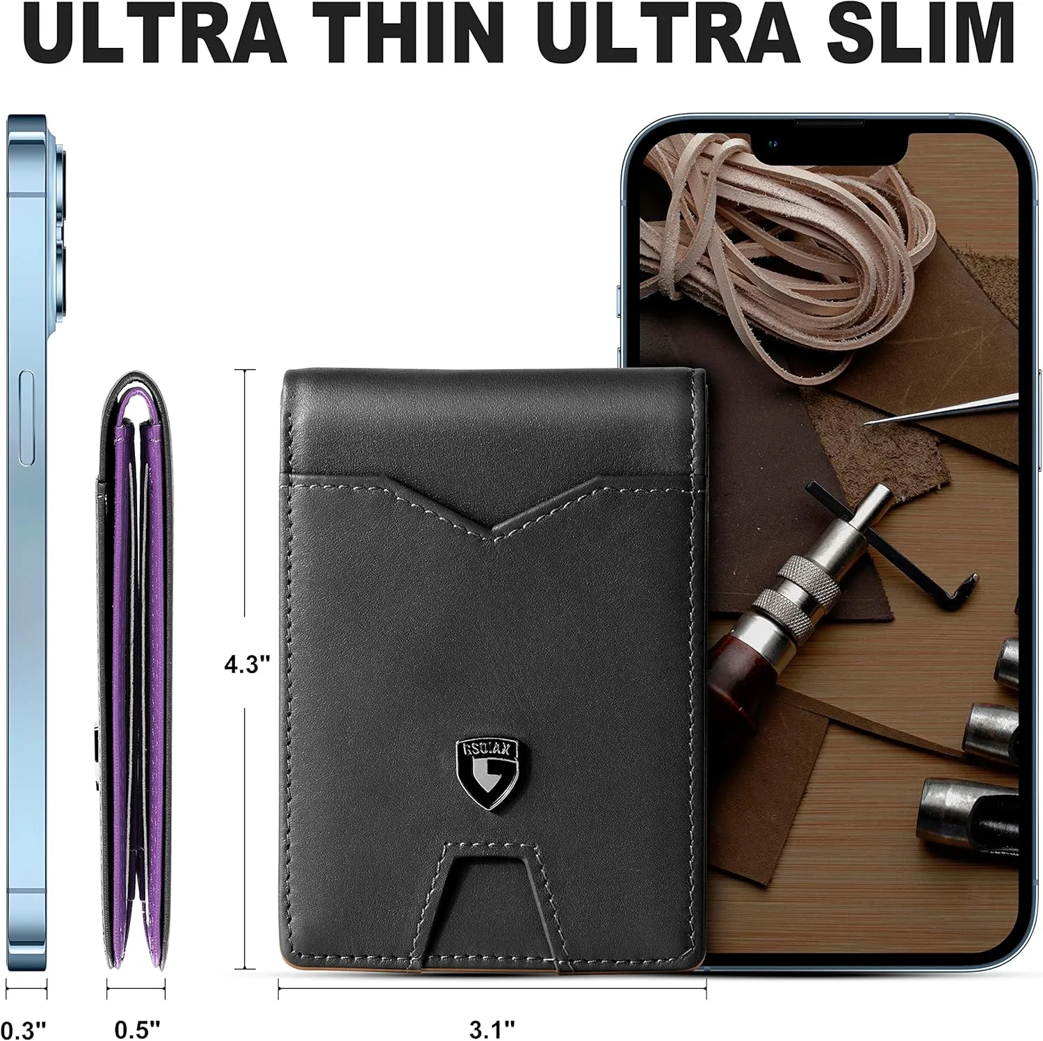 GSOIAX Mens Slim Wallet for Men Minimalist Genuine Leather Carbon Fiber Rfid Blocking Bifold Credit Card Holder With Gift Box (Black and Purple)