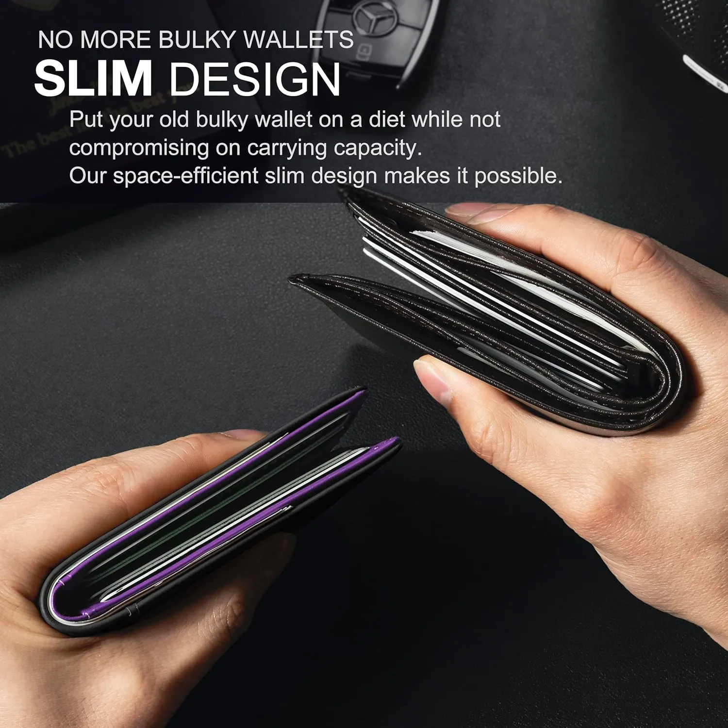 GSOIAX Mens Slim Wallet for Men Minimalist Genuine Leather Carbon Fiber Rfid Blocking Bifold Credit Card Holder With Gift Box (Black and Purple)