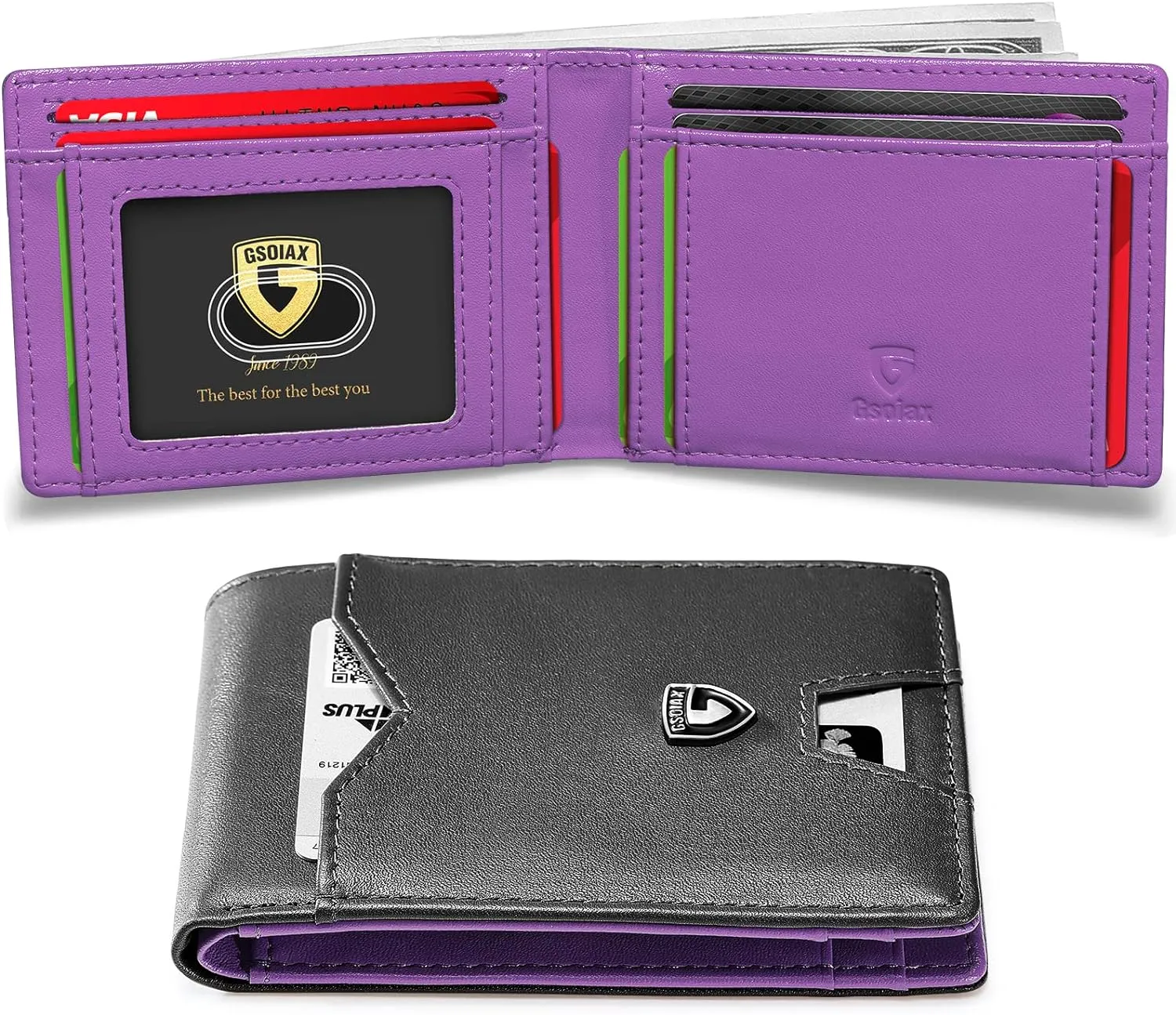 GSOIAX Mens Slim Wallet for Men Minimalist Genuine Leather Carbon Fiber Rfid Blocking Bifold Credit Card Holder With Gift Box (Black and Purple)