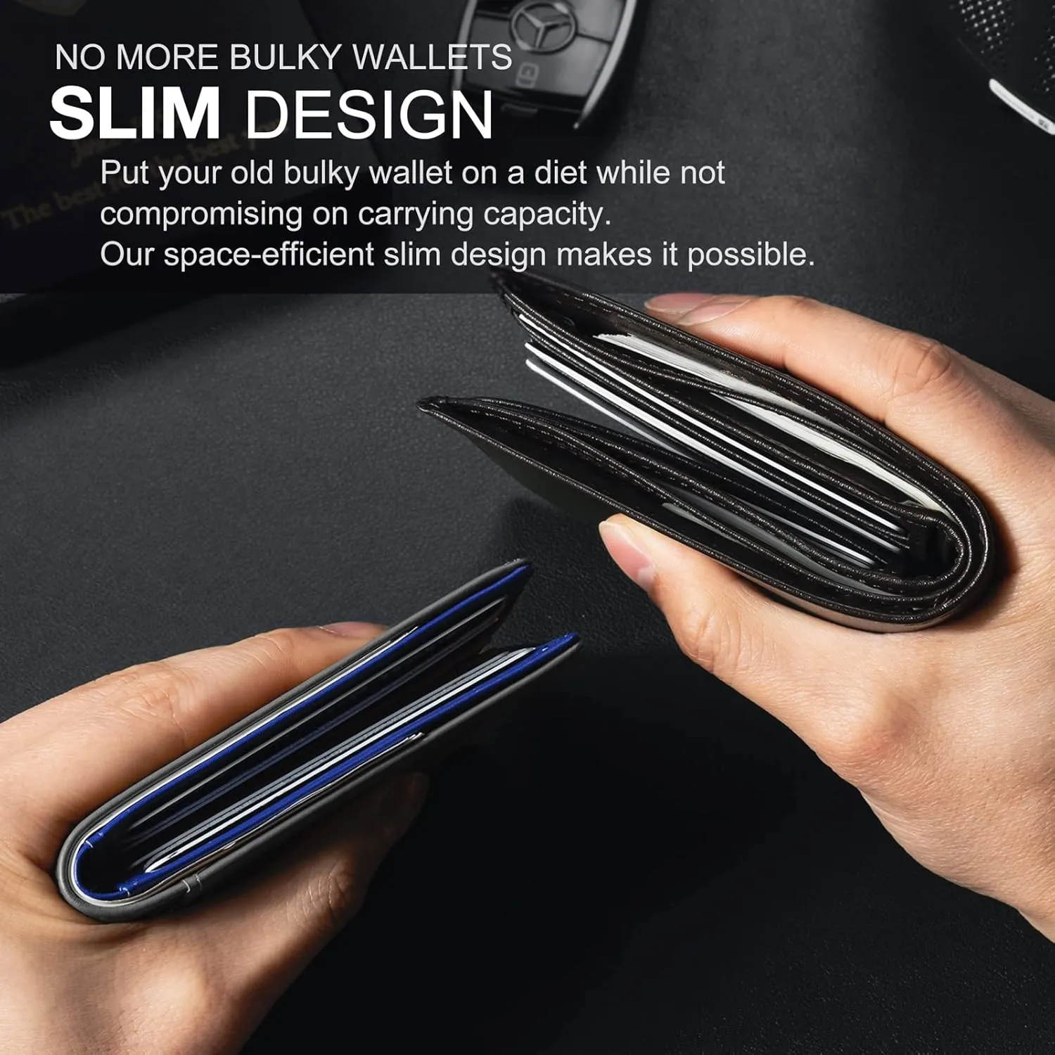GSOIAX Mens Slim Wallet for Men Minimalist Genuine Leather Carbon Fiber Rfid Blocking Bifold Credit Card Holder With Gift Box (Blue and Carbon Black)