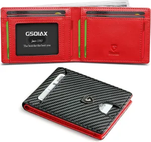 GSOIAX Mens Slim Wallet RFID Blocking Bifold wallets for men Minimalist Genuine Leather Carbon Fiber Card Holder Money Clip Thin Mens with Gift Box (Carbon Black and Red)