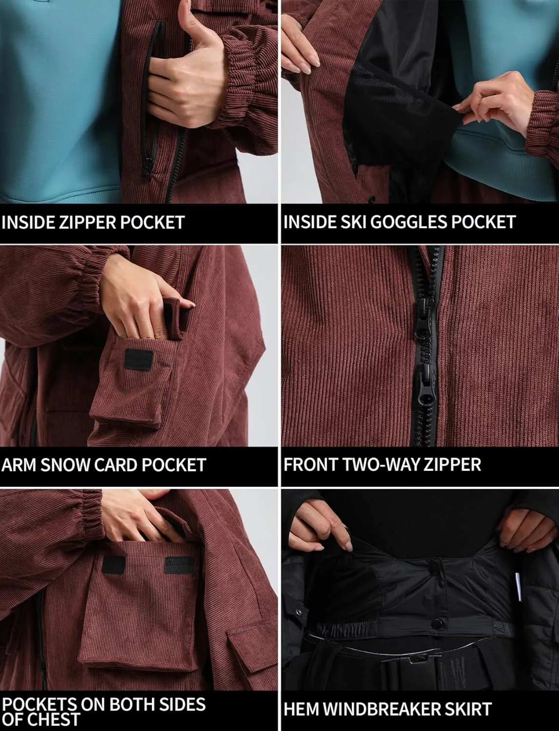 GSOU SNOW Womens Mens Baggy Snowboard Jacket Cargo Ski Cloth Multi-Pockets Warm Waterproof Windproof Mountain