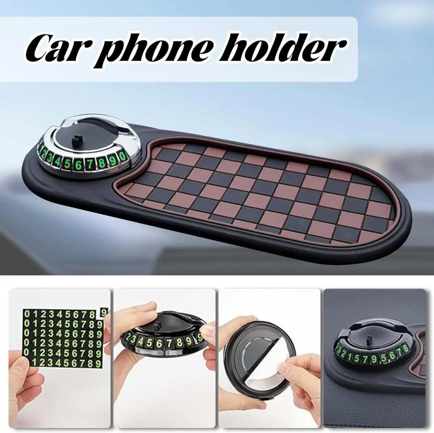 Guideline Multifunction Car Anti-Slip Mat, Guideline Phone Holder, Dashboard Tray Decorations Sticky Pad, Multifunctional Vehicle Mounted Anti Slip Mat with Temporary Parking Numbe (Brown-Black)