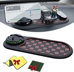 Guideline Multifunction Car Anti-Slip Mat, Guideline Phone Holder, Dashboard Tray Decorations Sticky Pad, Multifunctional Vehicle Mounted Anti Slip Mat with Temporary Parking Numbe (Brown-Black)