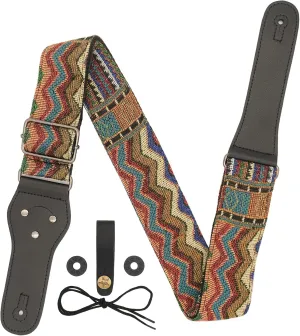 Guitar Strap-Vintage Woven, For Bass, Electric & Acoustic Guitar. FREE 2 Strap Locks   Headstock buttoned tie