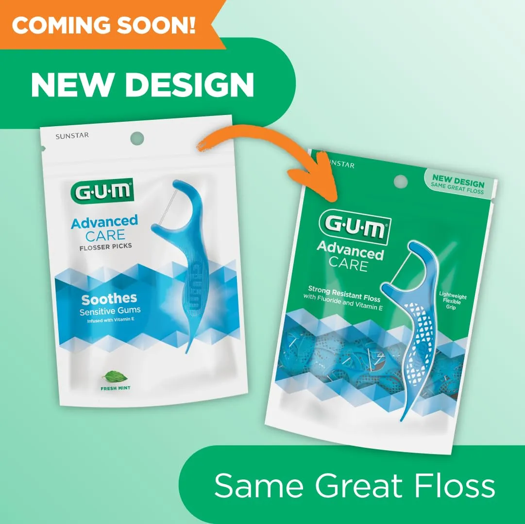 GUM Advanced Care Floss Picks - Dental Flossers for Adults with Vitamin E and Fluoride - Extra Strong Shred-Resistant Dental Floss, Easy Grip Handle, Fresh Mint Flavor, 90 Count (Pack of 6)