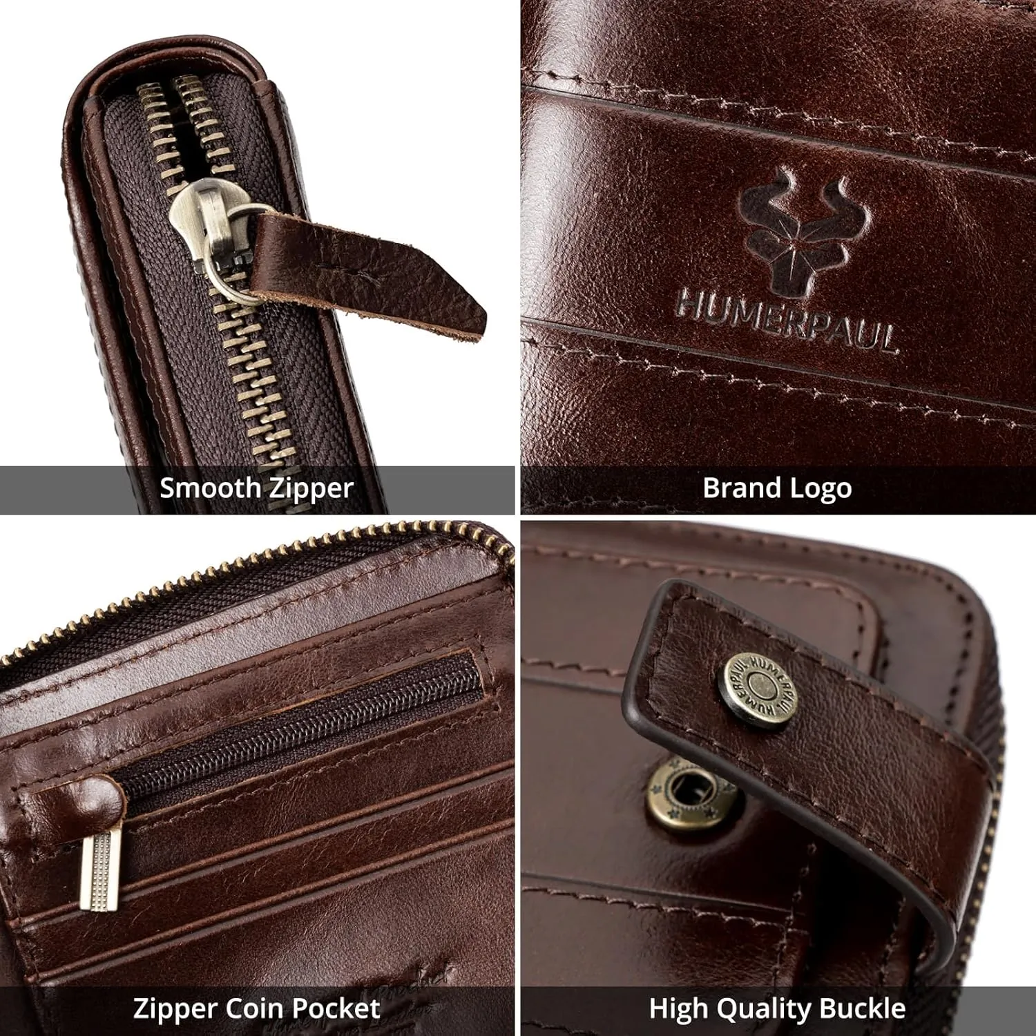gzcz Mens Wallet with Zipper Genuine Leather Bifold Purse for Men ID Window and Zip Coin Pocket (Coffee)