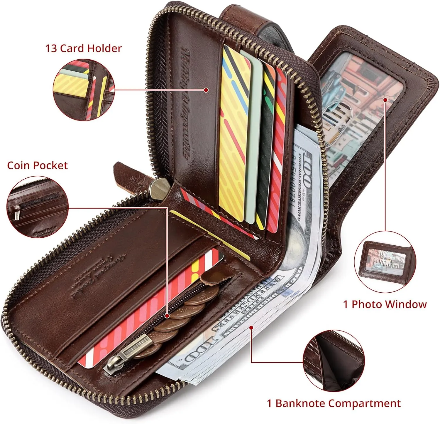 gzcz Mens Wallet with Zipper Genuine Leather Bifold Purse for Men ID Window and Zip Coin Pocket (Coffee)