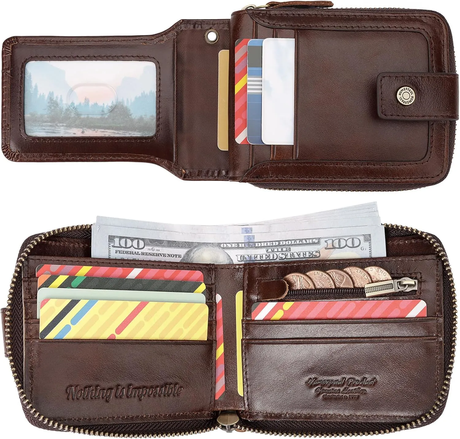 gzcz Mens Wallet with Zipper Genuine Leather Bifold Purse for Men ID Window and Zip Coin Pocket (Coffee)