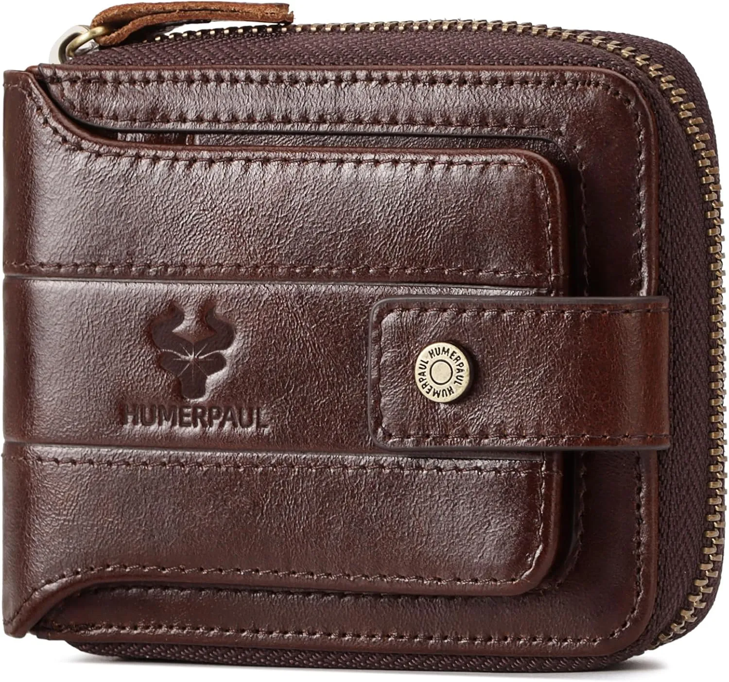 gzcz Mens Wallet with Zipper Genuine Leather Bifold Purse for Men ID Window and Zip Coin Pocket (Coffee)