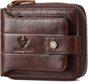 gzcz Mens Wallet with Zipper Genuine Leather Bifold Purse for Men ID Window and Zip Coin Pocket (Coffee)