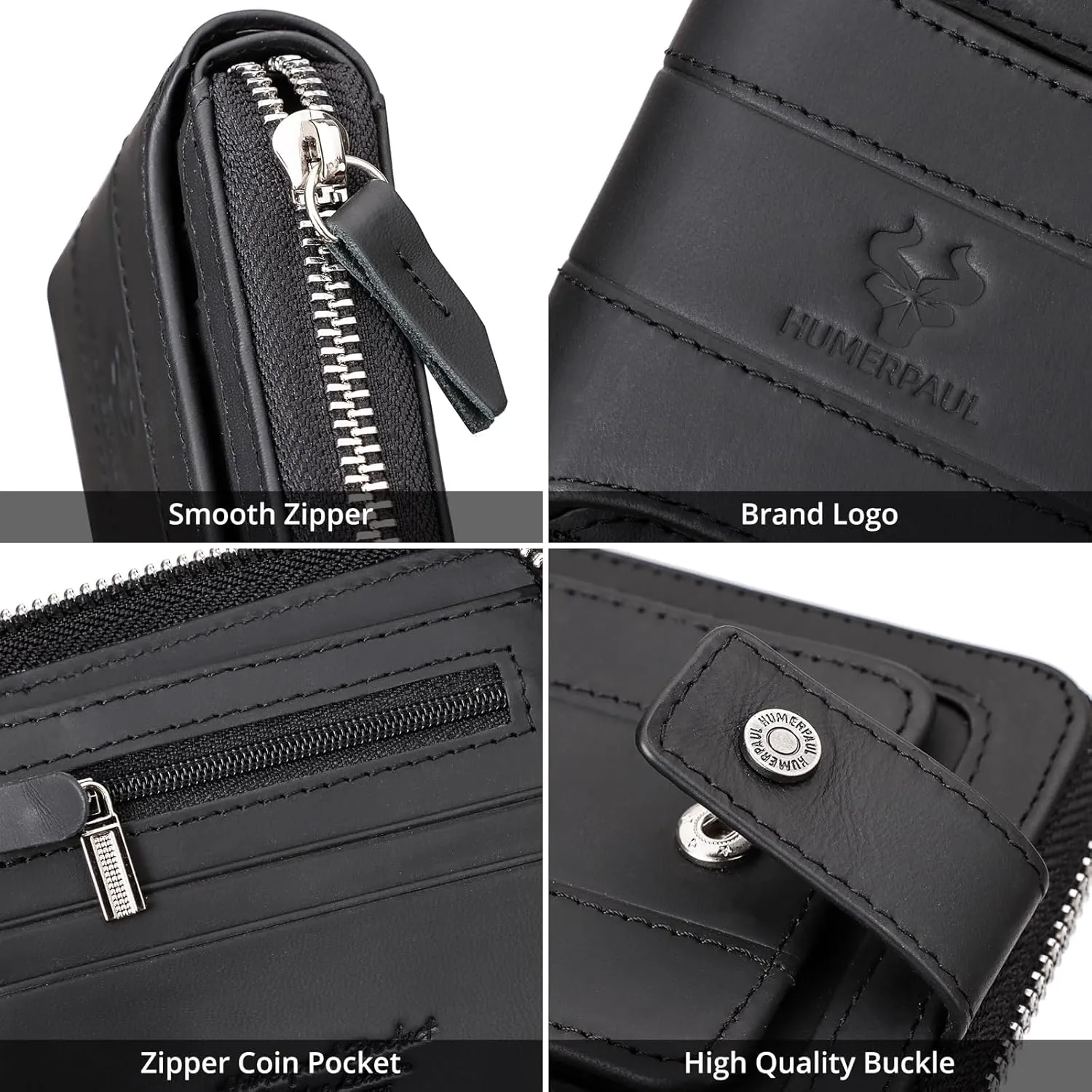 gzcz Mens Wallet with Zipper Genuine Leather Bifold Purse for Mens ID Window and Zip Coin Pocket (Black)