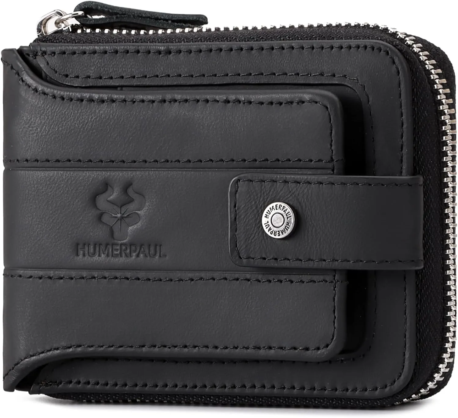 gzcz Mens Wallet with Zipper Genuine Leather Bifold Purse for Mens ID Window and Zip Coin Pocket (Black)