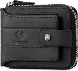 gzcz Mens Wallet with Zipper Genuine Leather Bifold Purse for Mens ID Window and Zip Coin Pocket (Black)