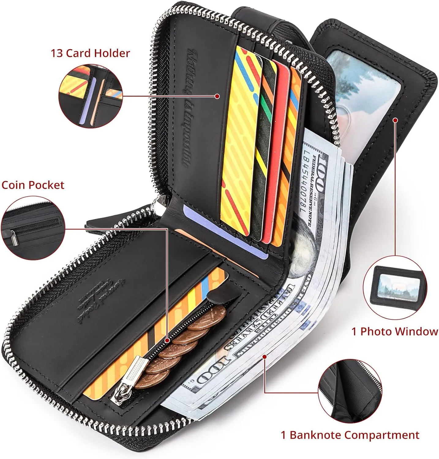 gzcz Mens Wallet with Zipper Genuine Leather Bifold Purse for Mens ID Window and Zip Coin Pocket (Black)