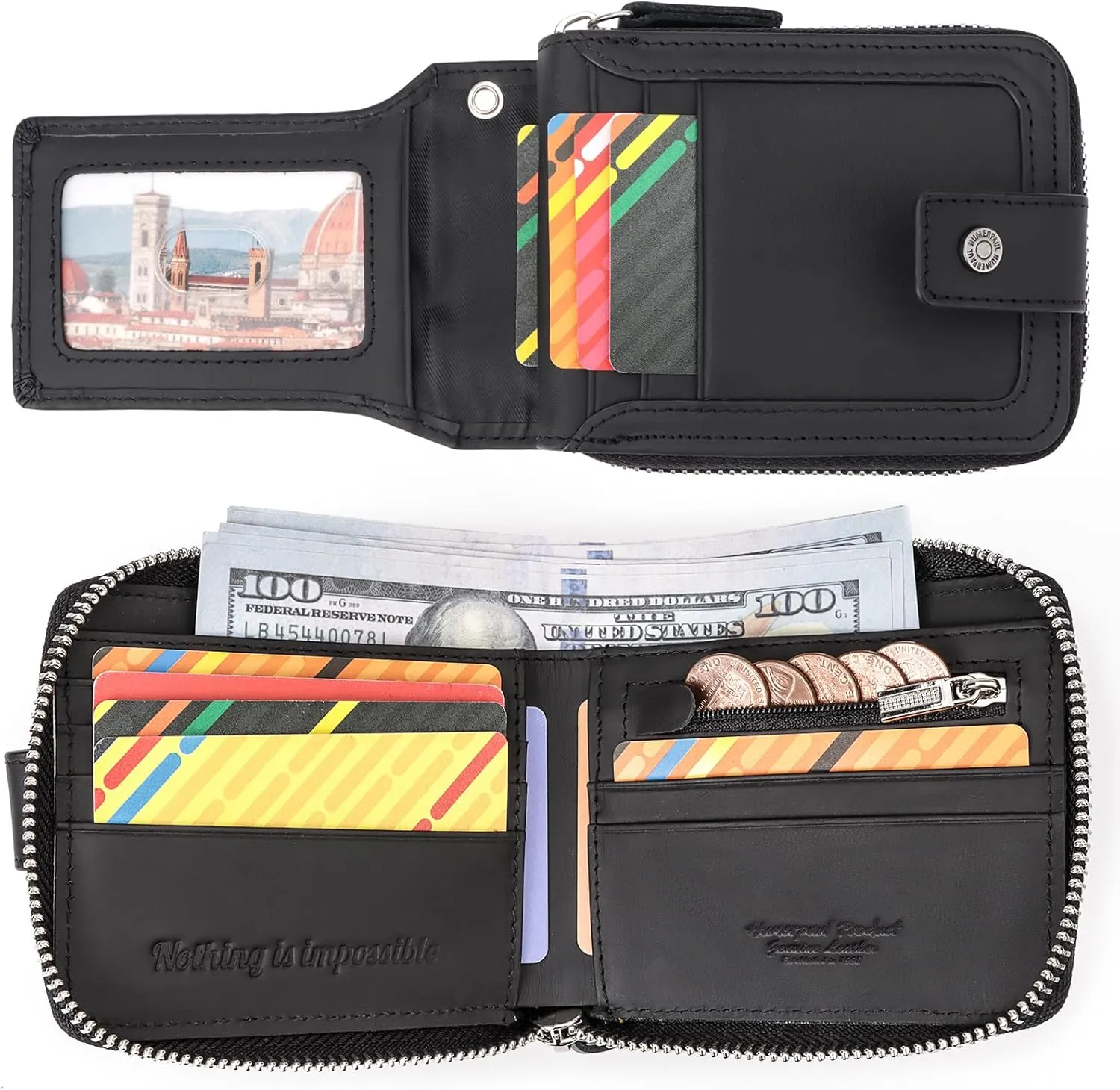 gzcz Mens Wallet with Zipper Genuine Leather Bifold Purse for Mens ID Window and Zip Coin Pocket (Black)
