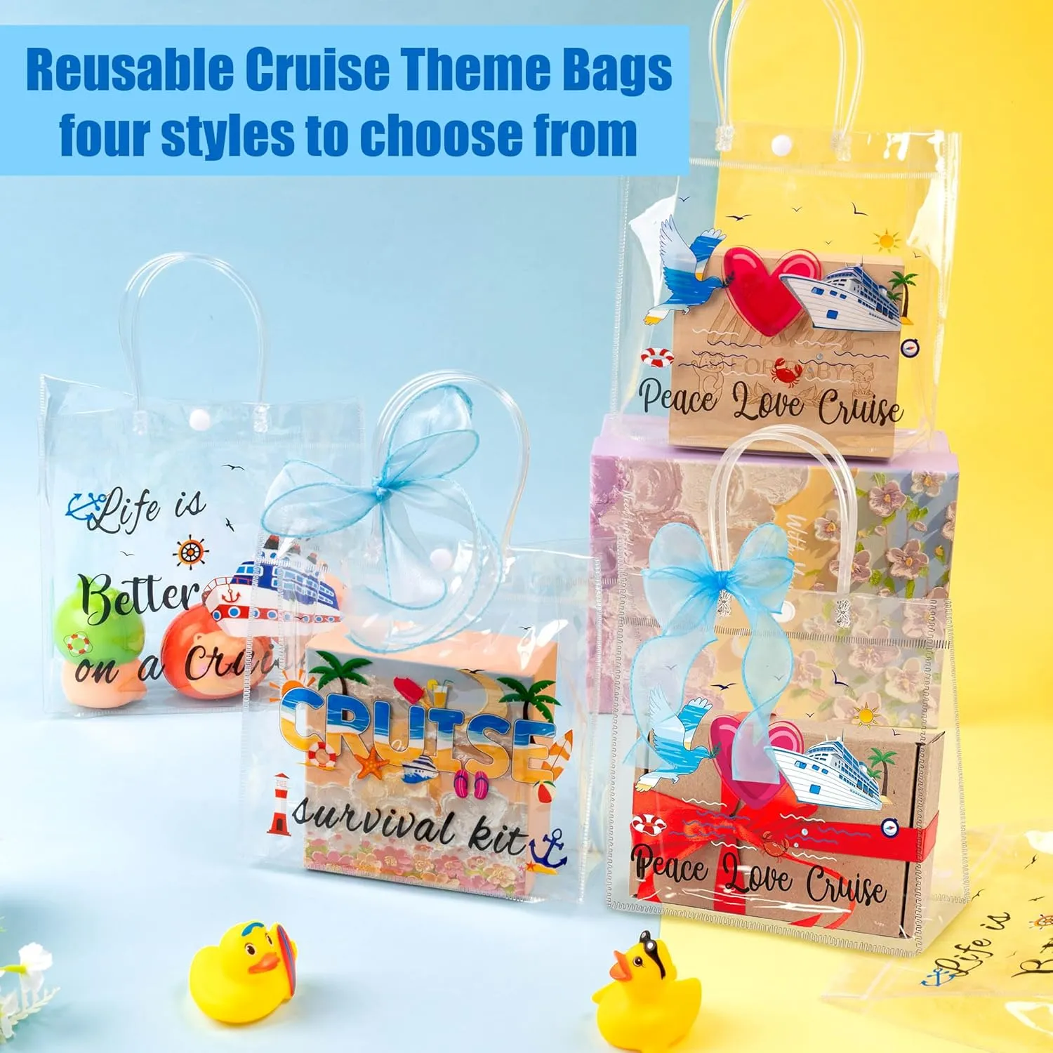 H1vojoxo Summer Clear Plastic Gift Bags - 24PCS Cruise Clear PVC Gift Bags with Handle and Blue Ribbon 4 Styles Waterproof and Reusable Cruise Beach Theme Transparent Tote Bag Nautical Party Favor Bag