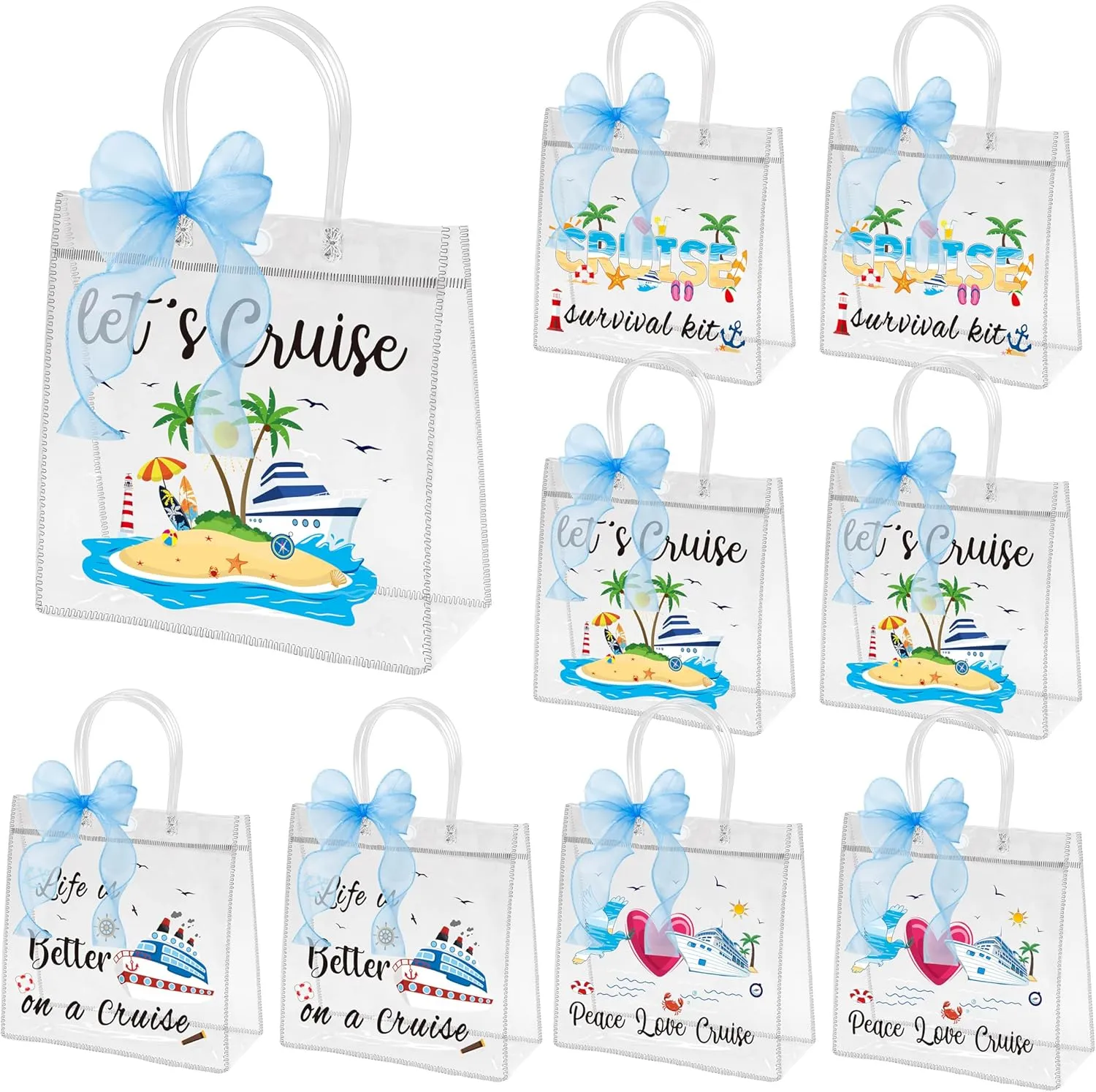 H1vojoxo Summer Clear Plastic Gift Bags - 24PCS Cruise Clear PVC Gift Bags with Handle and Blue Ribbon 4 Styles Waterproof and Reusable Cruise Beach Theme Transparent Tote Bag Nautical Party Favor Bag