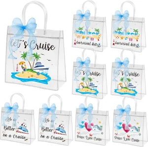 H1vojoxo Summer Clear Plastic Gift Bags - 24PCS Cruise Clear PVC Gift Bags with Handle and Blue Ribbon 4 Styles Waterproof and Reusable Cruise Beach Theme Transparent Tote Bag Nautical Party Favor Bag
