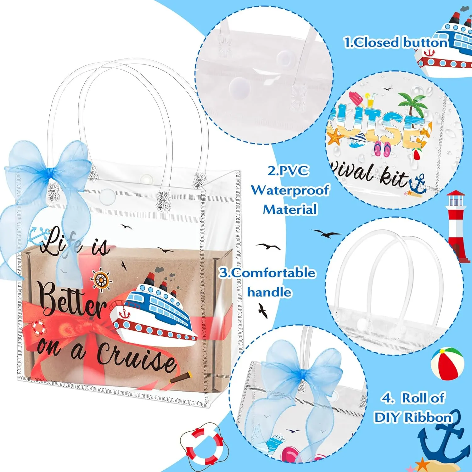 H1vojoxo Summer Clear Plastic Gift Bags - 24PCS Cruise Clear PVC Gift Bags with Handle and Blue Ribbon 4 Styles Waterproof and Reusable Cruise Beach Theme Transparent Tote Bag Nautical Party Favor Bag