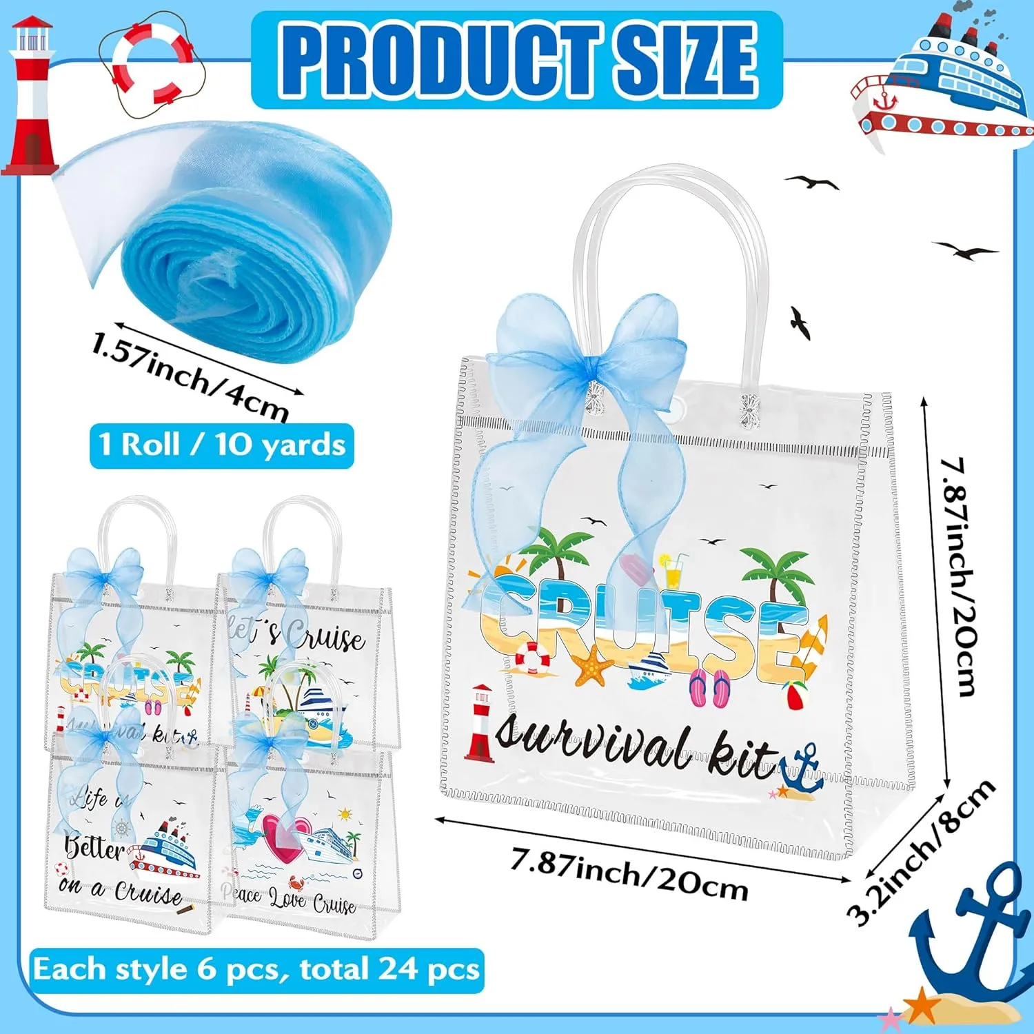 H1vojoxo Summer Clear Plastic Gift Bags - 24PCS Cruise Clear PVC Gift Bags with Handle and Blue Ribbon 4 Styles Waterproof and Reusable Cruise Beach Theme Transparent Tote Bag Nautical Party Favor Bag