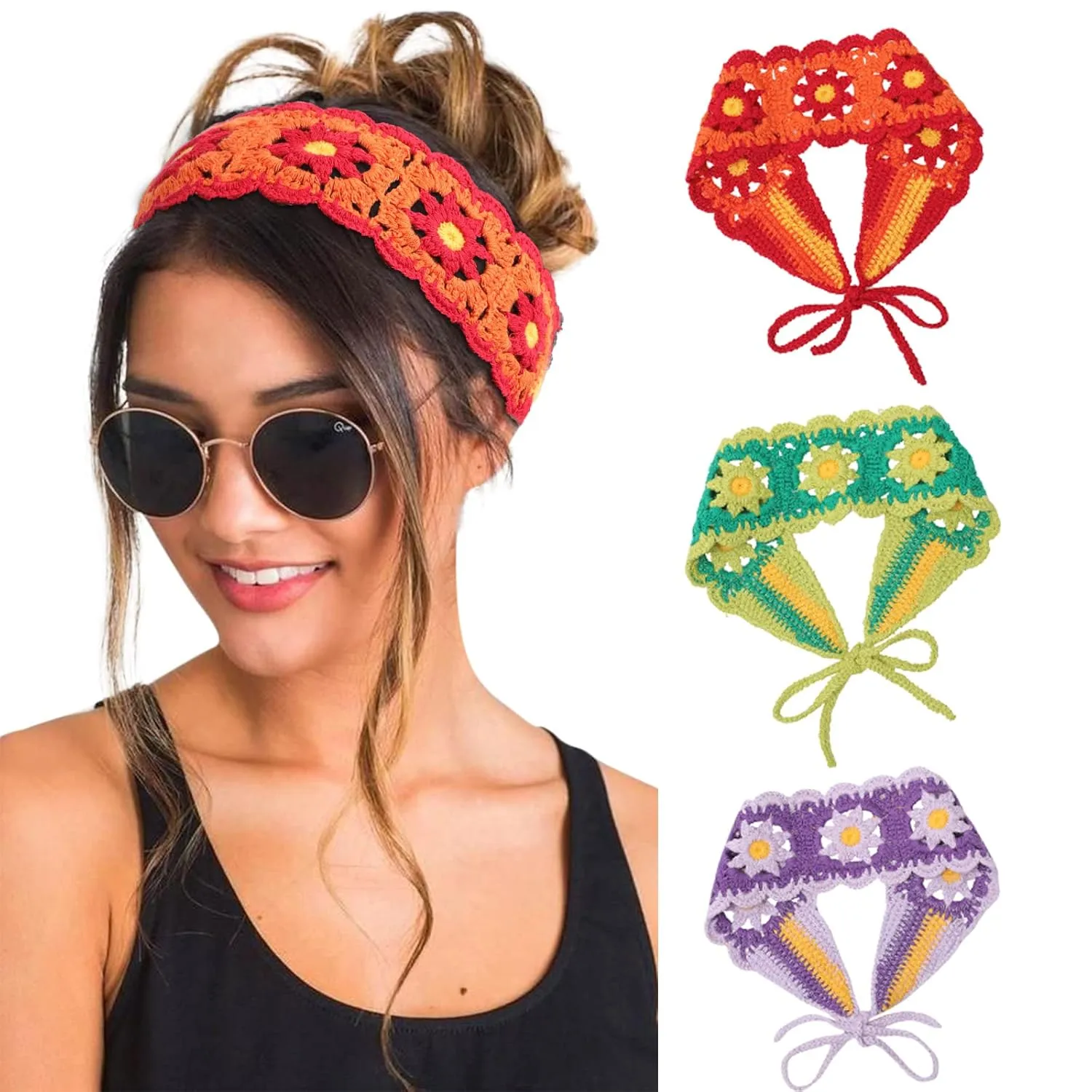 HAIMEIKANG Hippie Hair Bandanas Headbands for Women Boho Headband Knit Hair Bands Floral Head Wrap for Girls(red green pueple)
