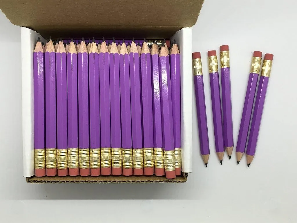 Half Pencils with Eraser - Golf, Classroom, Pew, Short, Mini, Small. Church, Non Toxic - Hexagon, Sharpened, 2 Pencil, Color - Lilac (purple), Box of 72 (1/2 Gross) Golf Pocket Pencils™