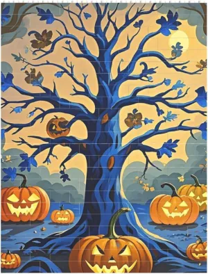 Halloween Pumpkin Tree Blue Building Block Puzzle Personalized Building Bricks for Adults Square Shaped Block Puzzle Building Valentine's Day Gifts for Home Decor Brick Puzzle
