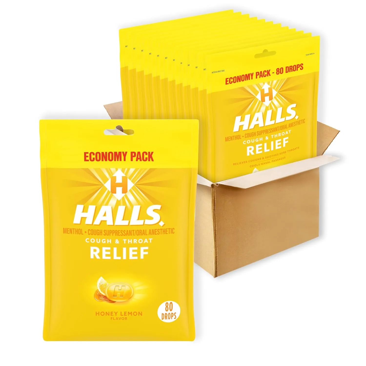 HALLS Relief Honey Lemon Cough Drops, Economy Pack, 12 Packs of 80 Drop Bags (960 Total Drops)