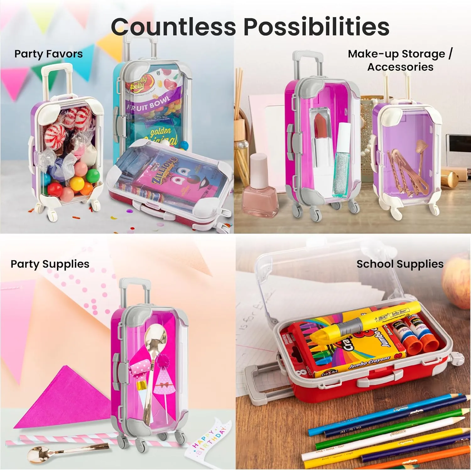 Hammont Mini Suitcase Party Favor Box - Plastic Rolling Mini Suitcases for Party Favors - Candy Box, Lash Box - Mini Luggage Party Favor | 2.95"x1.38"x6.7" (6 Pack)