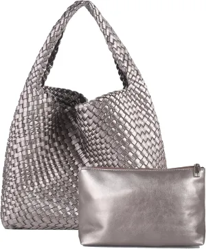 Hand Woven Tote for Women - Vegan Leather Handle Handbag, Travel Shoulder Bag, Hobo and Beach Bag With Purse