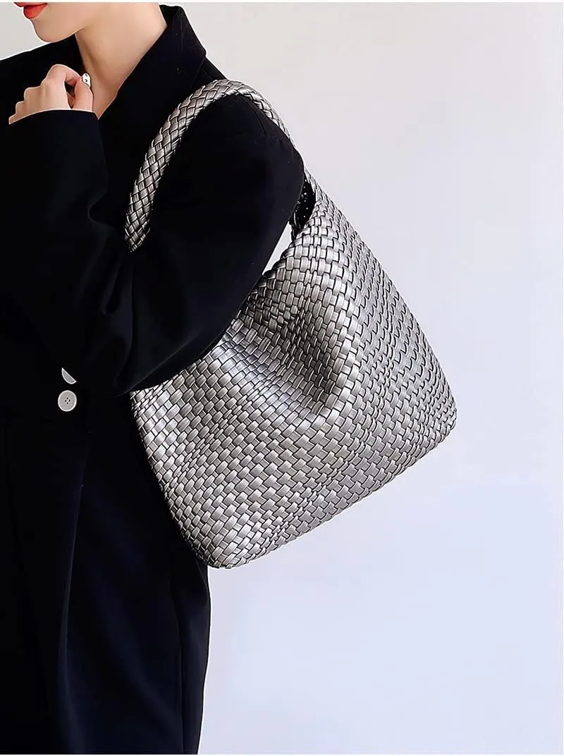 Hand Woven Tote for Women - Vegan Leather Handle Handbag, Travel Shoulder Bag, Hobo and Beach Bag With Purse