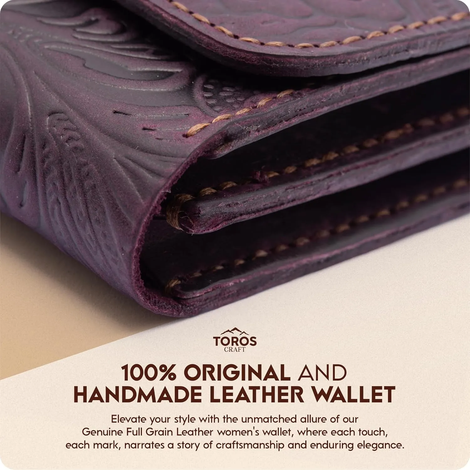 Handmade Wristlet Wallets for Women, Western Floral Leather Small Credit Card Holder with Zipper, Minimalist & Cute Coin Pouch, Genuine Leather, Purple